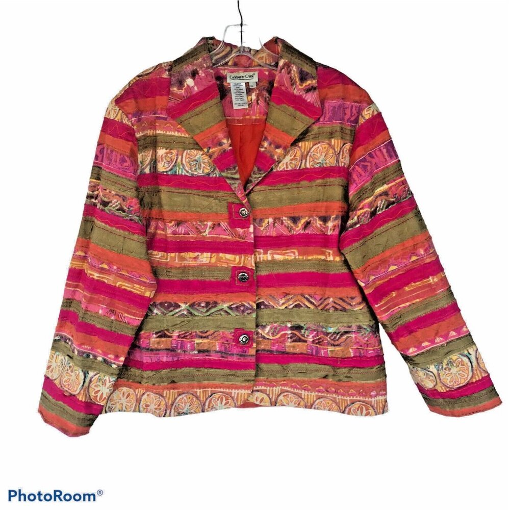 COLDWATER CREEK  Womens L Blazer Artsy Cotton Jacket Pink Colorful 3 Button